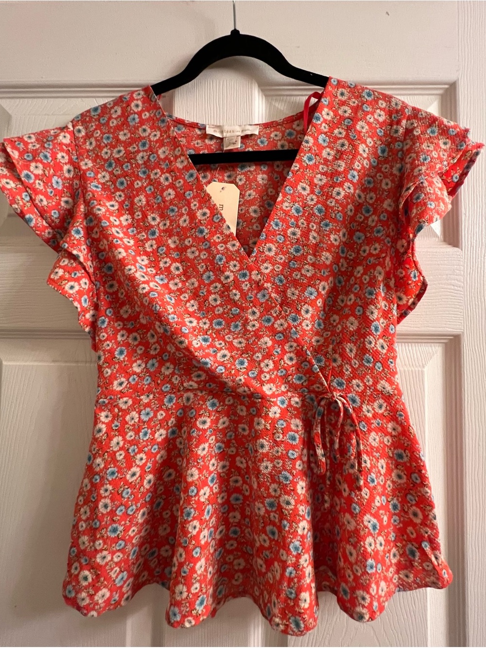 Monteau Coral Red Floral Wrap Peplum Blouse